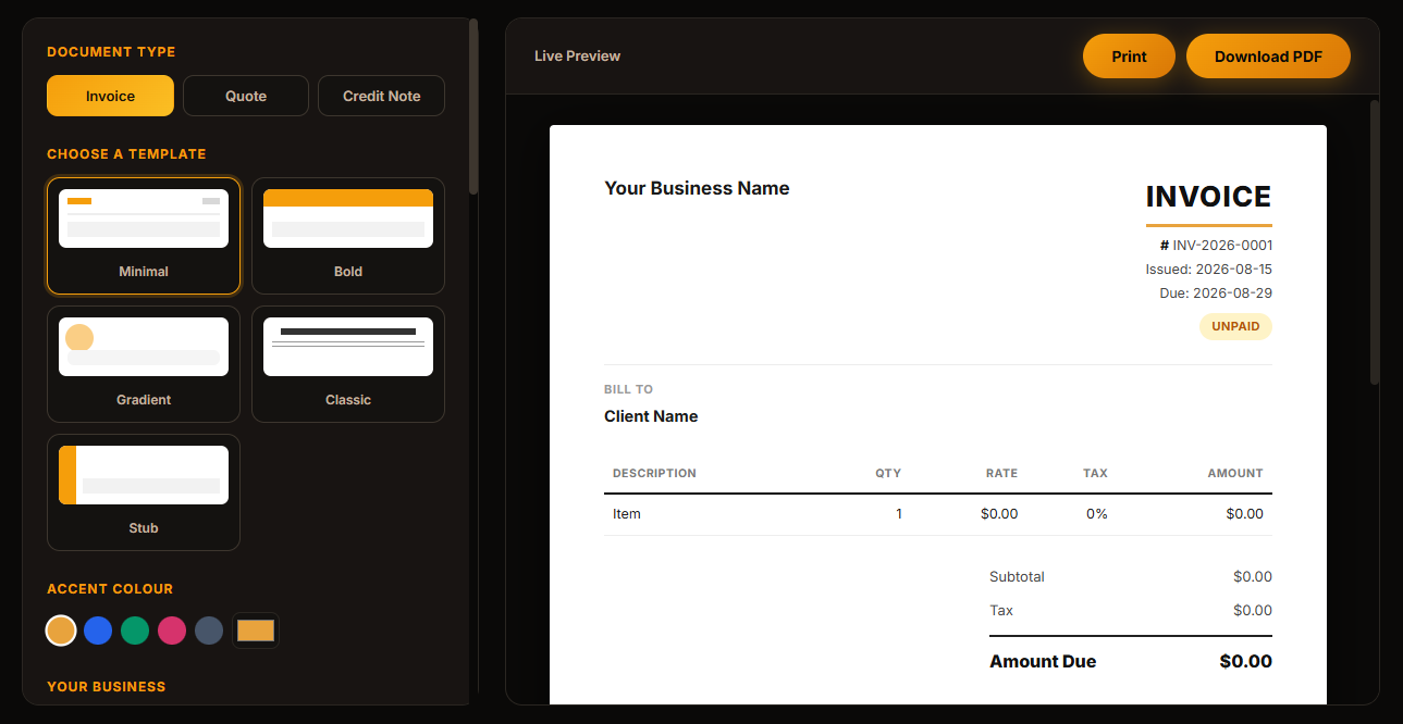 ToolTive free invoice generator with customizable templates and live invoice preview